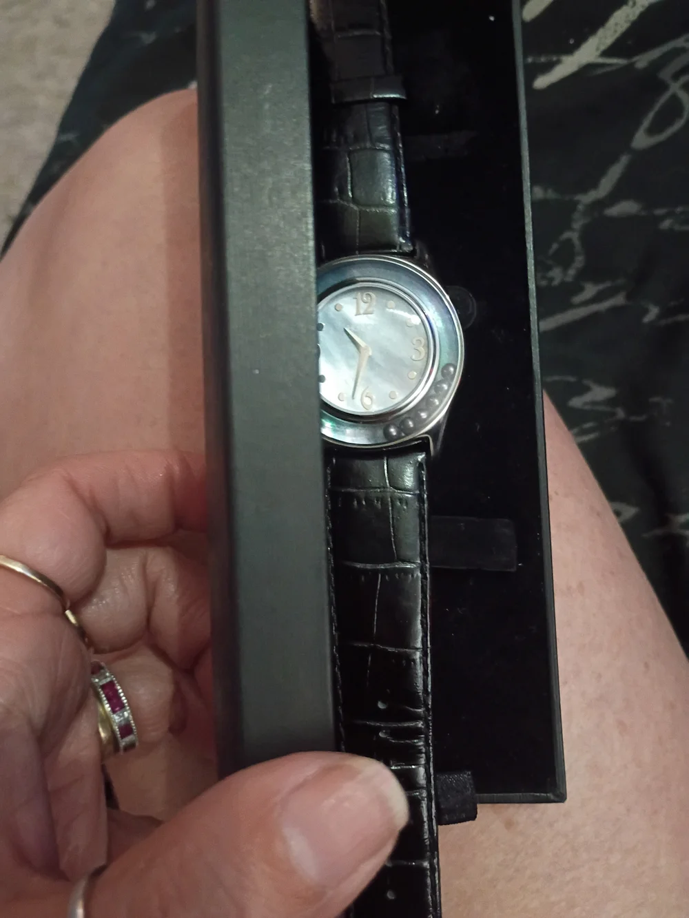 Honora Black Leather Strap Watch with Silver Case and Light Dial